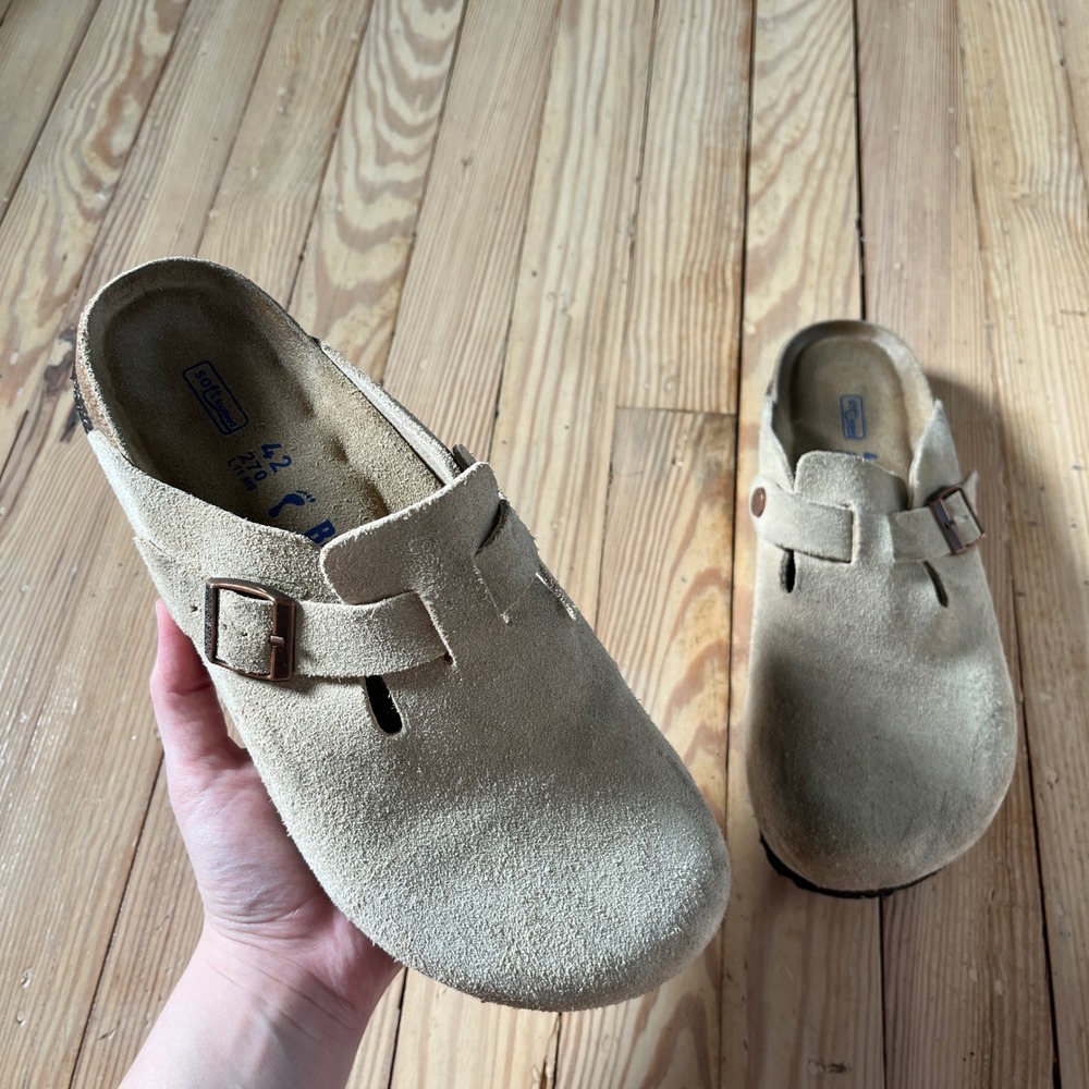 Birkenstock Boston Clogs Mens 9 Womens 11 Taupe Suede Soft Footbed SFB Mules